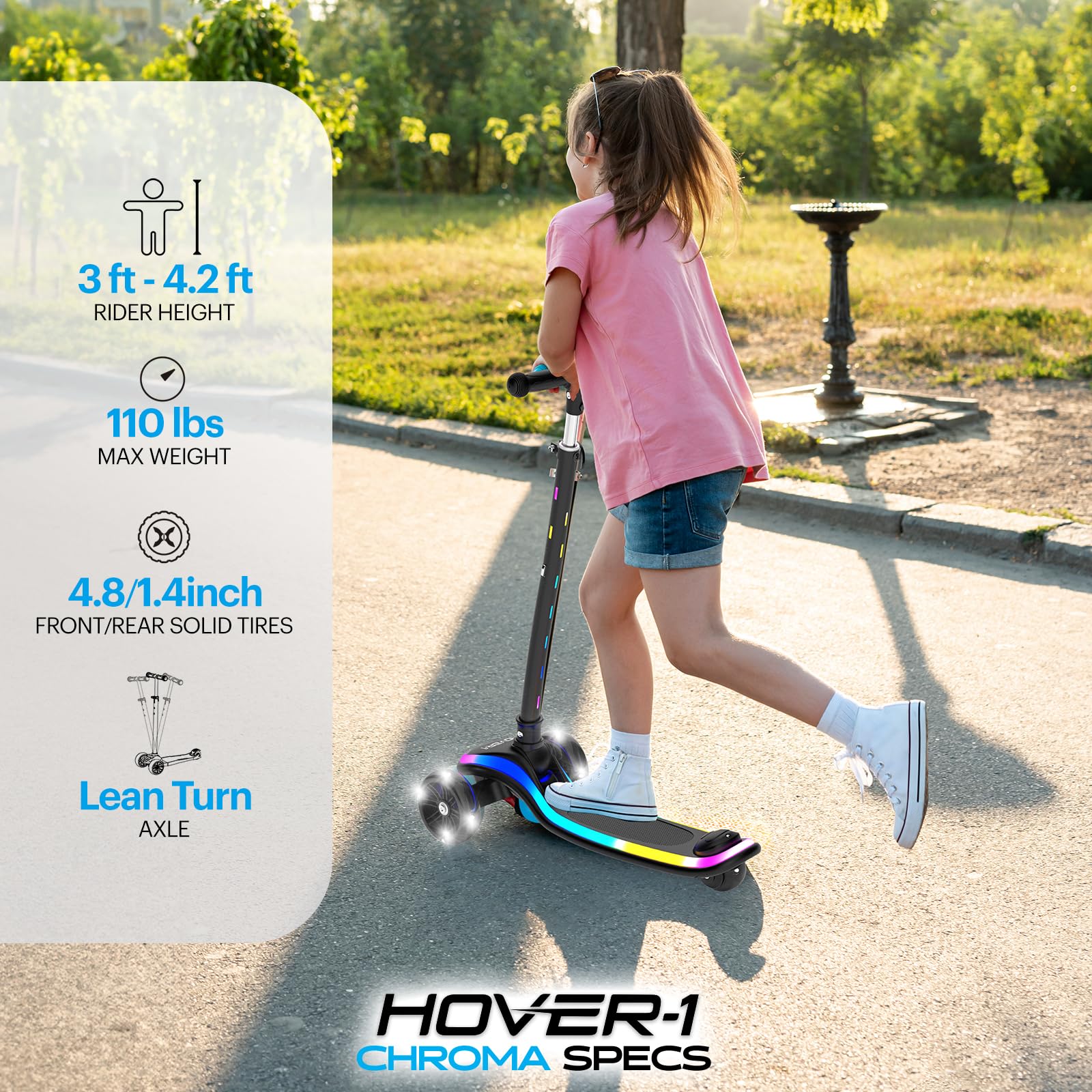 Hover-1 Chroma wheel close-up highlighting multicolor LEDs and durable solid-wheel benefit
