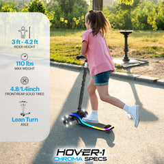 Hover-1 Chroma wheel close-up highlighting multicolor LEDs and durable solid-wheel benefit