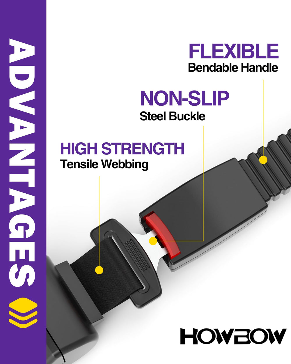 HOWBOW buckle close-up showing one-touch release for faster, easier unfastening