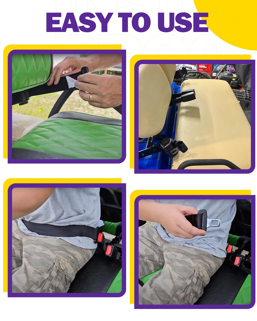 HOWBOW belts mounted on a golf cart seat illustrating added restraint for passengers