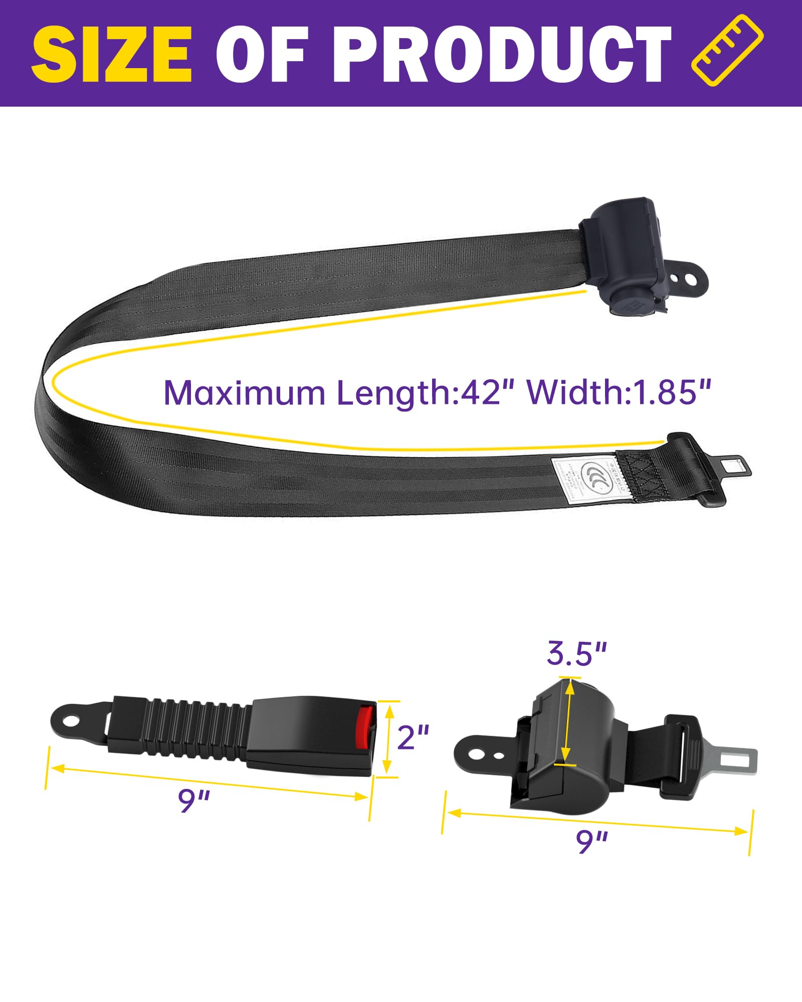 HOWBOW belts beside a ruler showing 42-inch extension for accommodating larger users