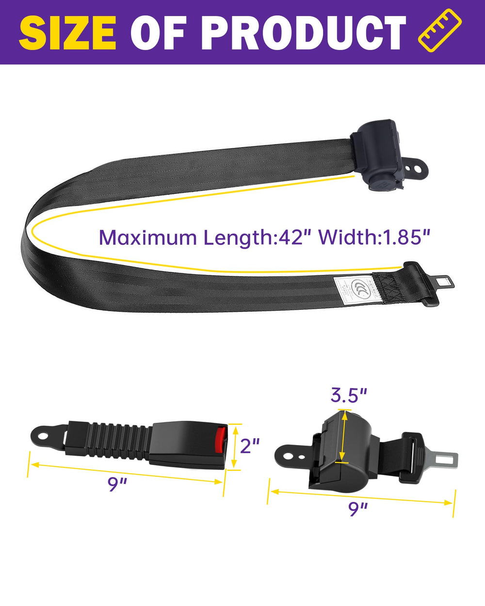 HOWBOW belts beside a ruler showing 42-inch extension for accommodating larger users