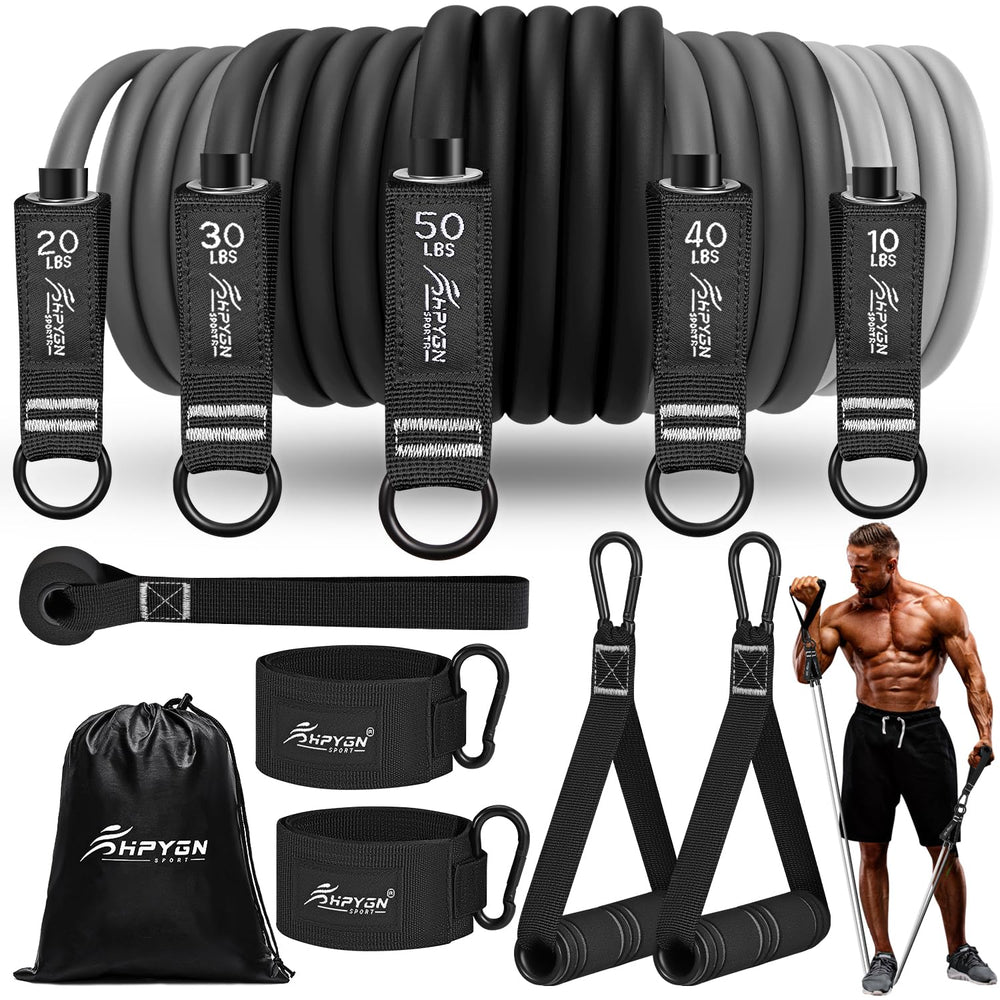 HPYGN front packaging showing full resistance band kit and included accessories