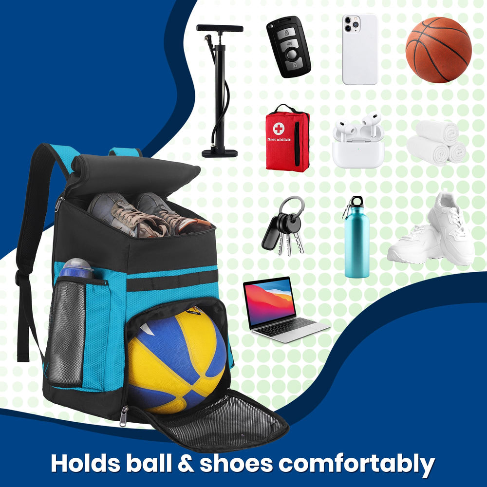 Hsmihair ball compartment open holding a basketball for secure transport