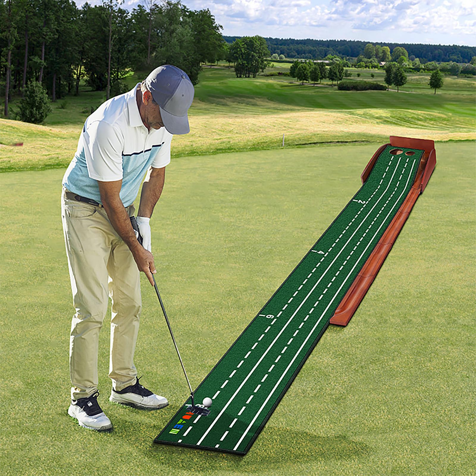 HUAEN scale comparison with golf ball and club showing mat length