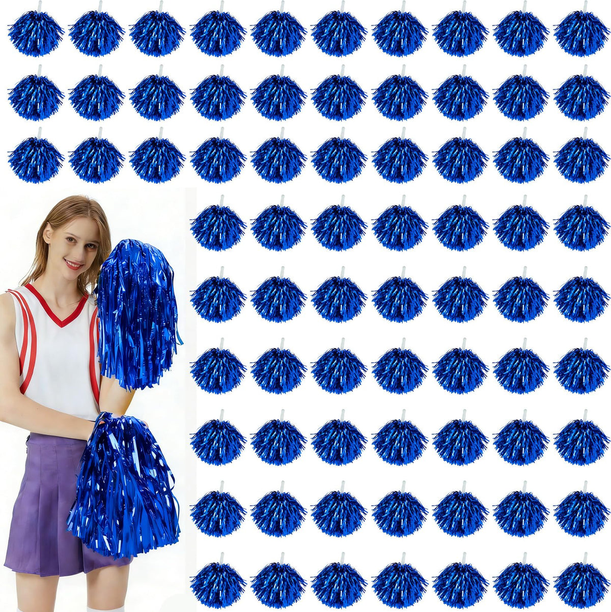 Hualleko front packaging showing 100 blue pom poms and handles for bulk events