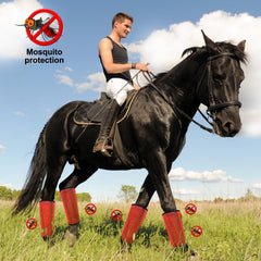 HUAME boot fitted on a horse leg in pasture reducing insect contact and stomping