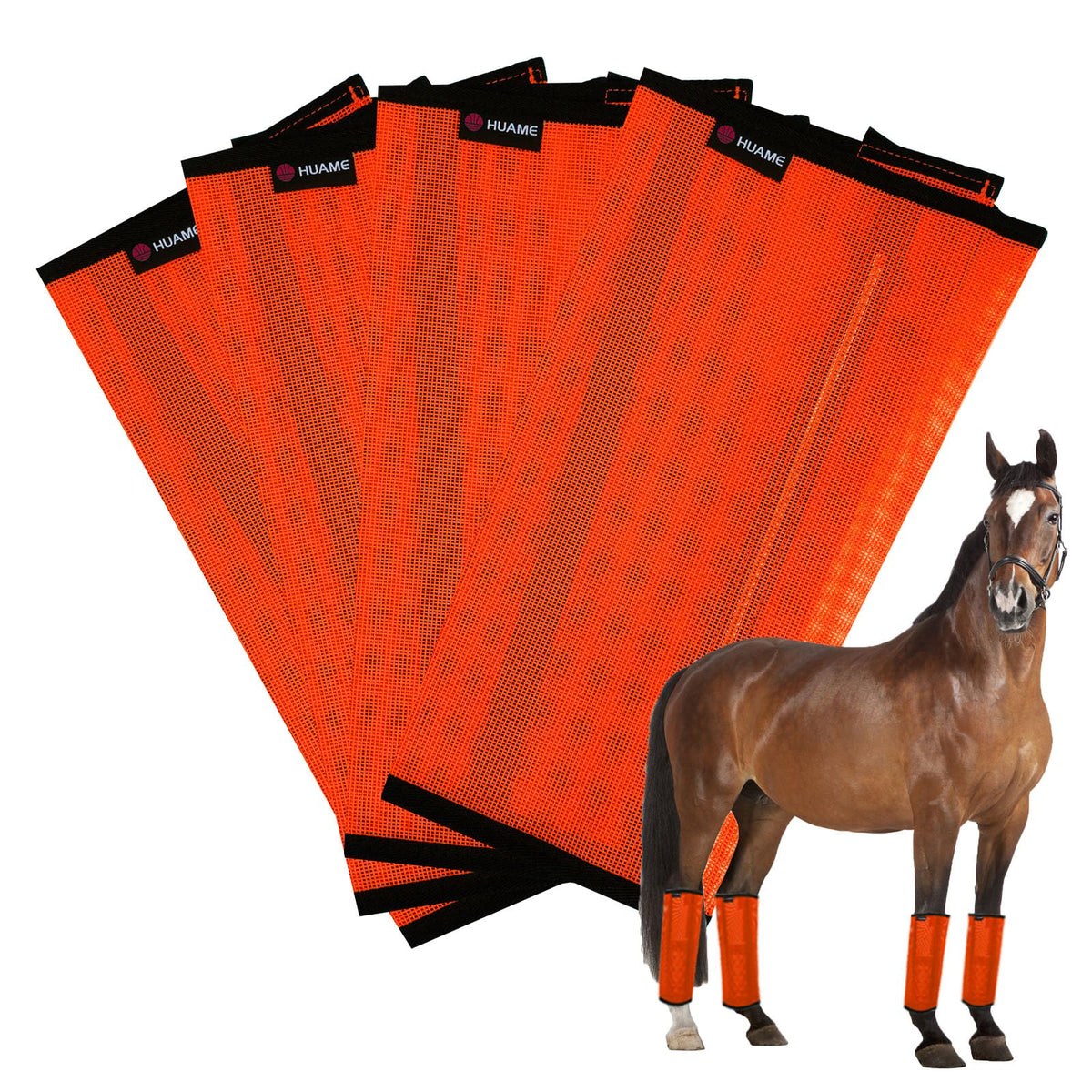 HUAME front view of orange four-piece boot set showing complete coverage and protection