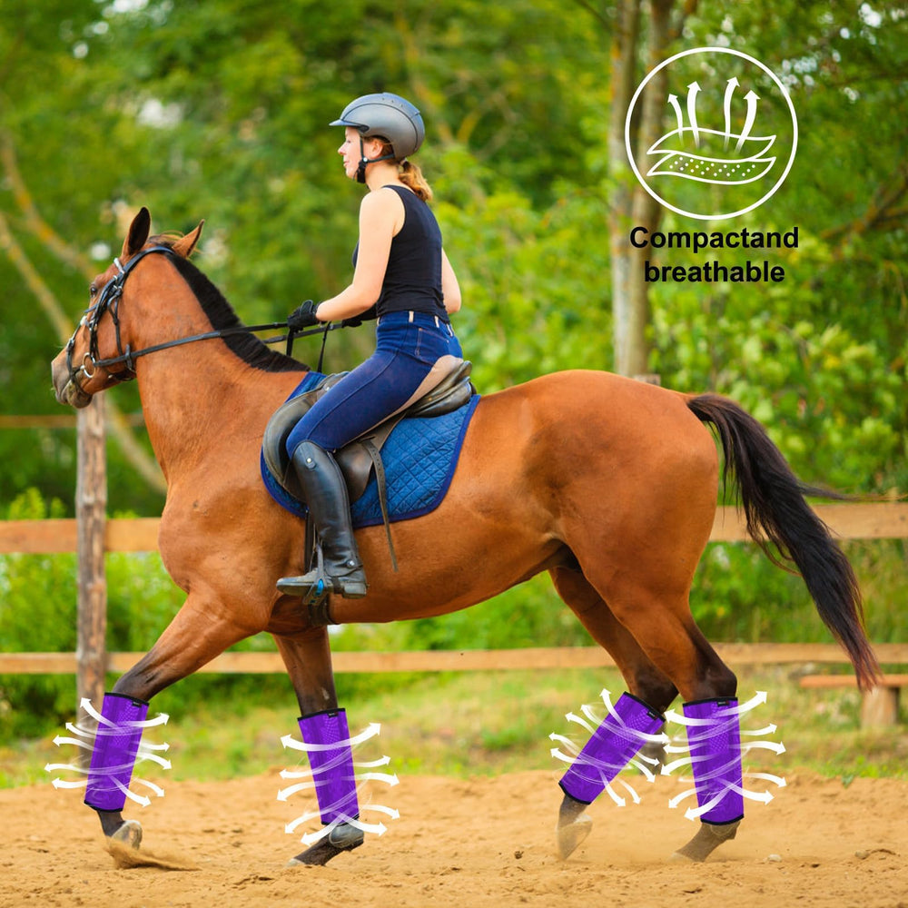 HUAME on-horse front leg in use illustrating protection against flies and calmer behavior benefit