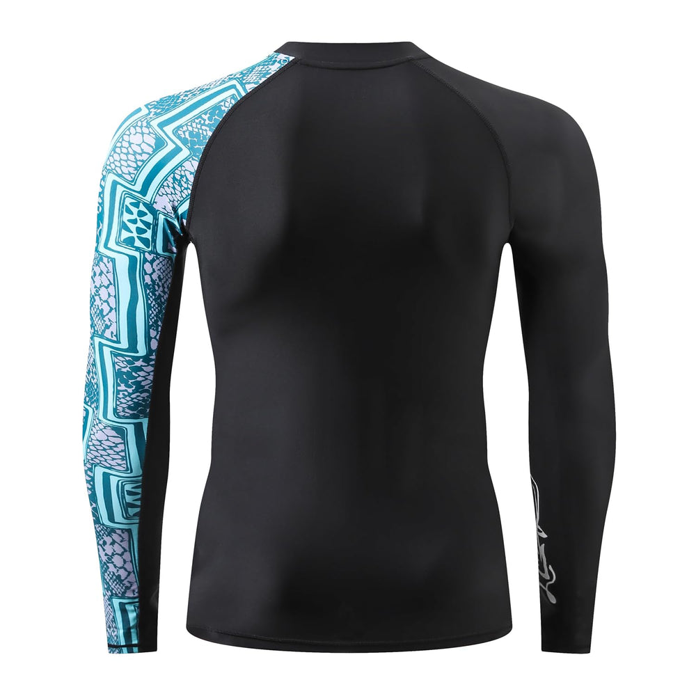 HUGE SPORTS model surfing wearing rash guard demonstrating movement benefit