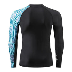 HUGE SPORTS model surfing wearing rash guard demonstrating movement benefit