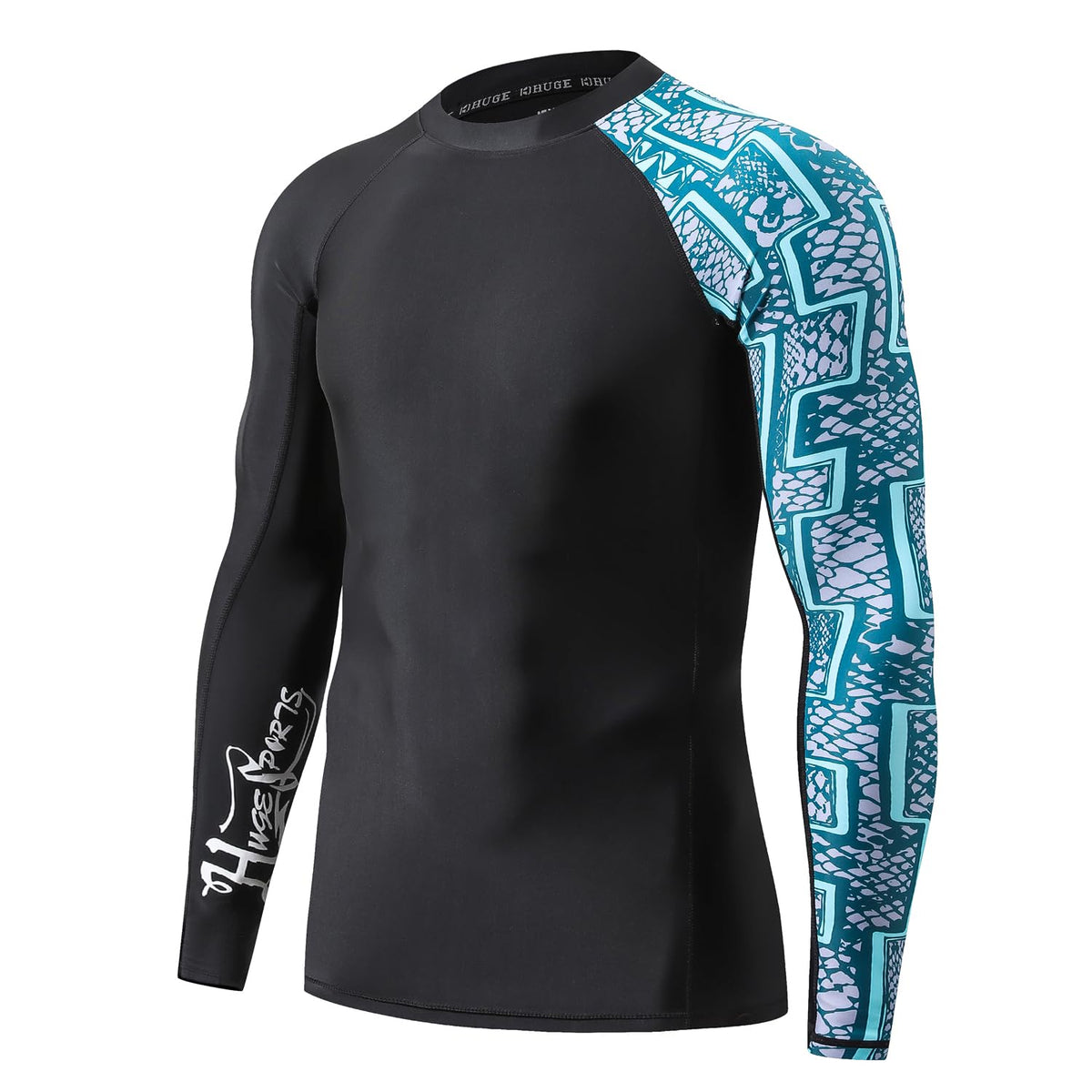 HUGE SPORTS front view of zigzag rash guard showing full coverage and style