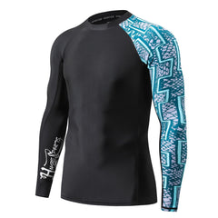 HUGE SPORTS front view of zigzag rash guard showing full coverage and style