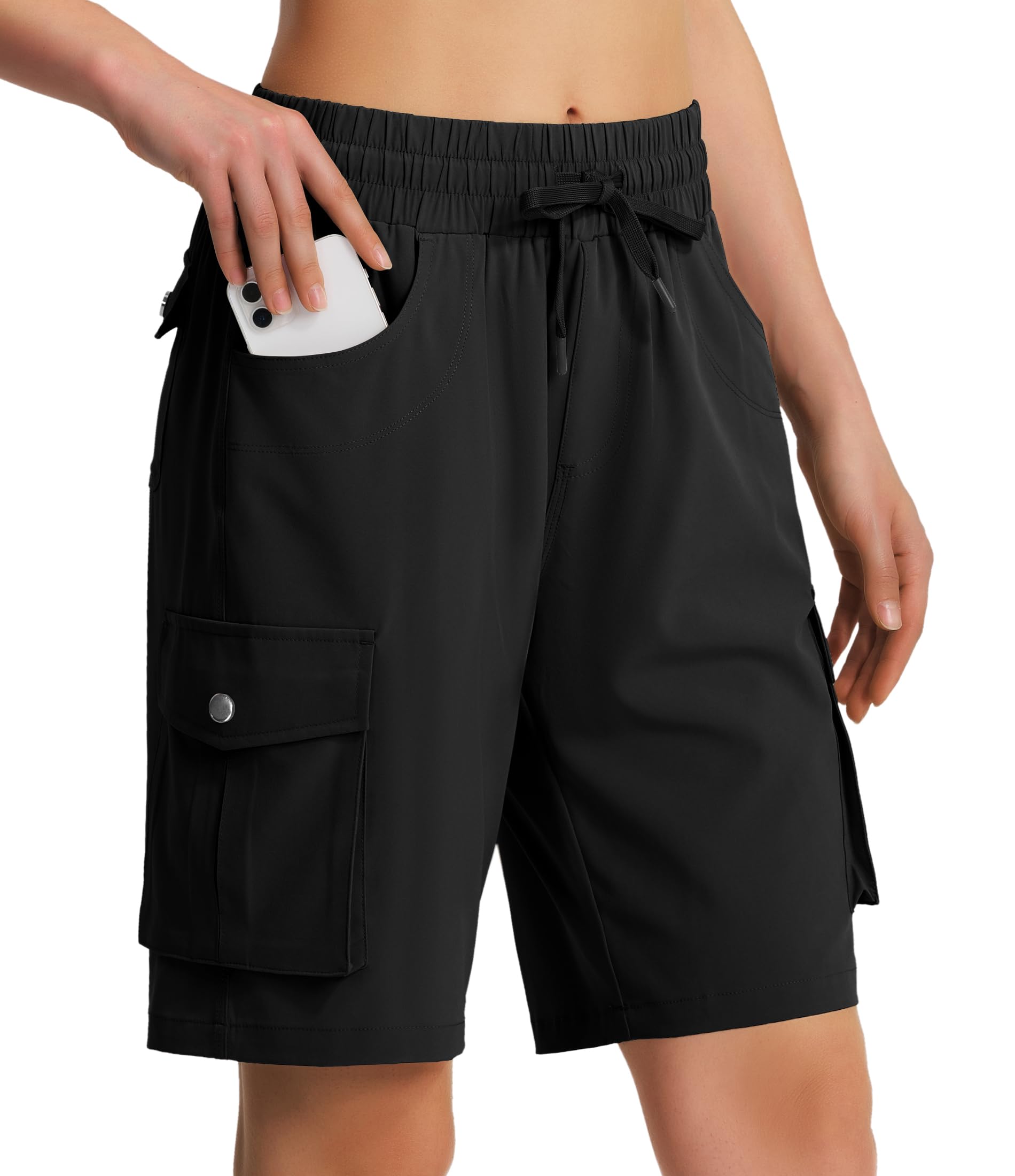 Hugut front view of black hiking cargo shorts showing fit and length benefit