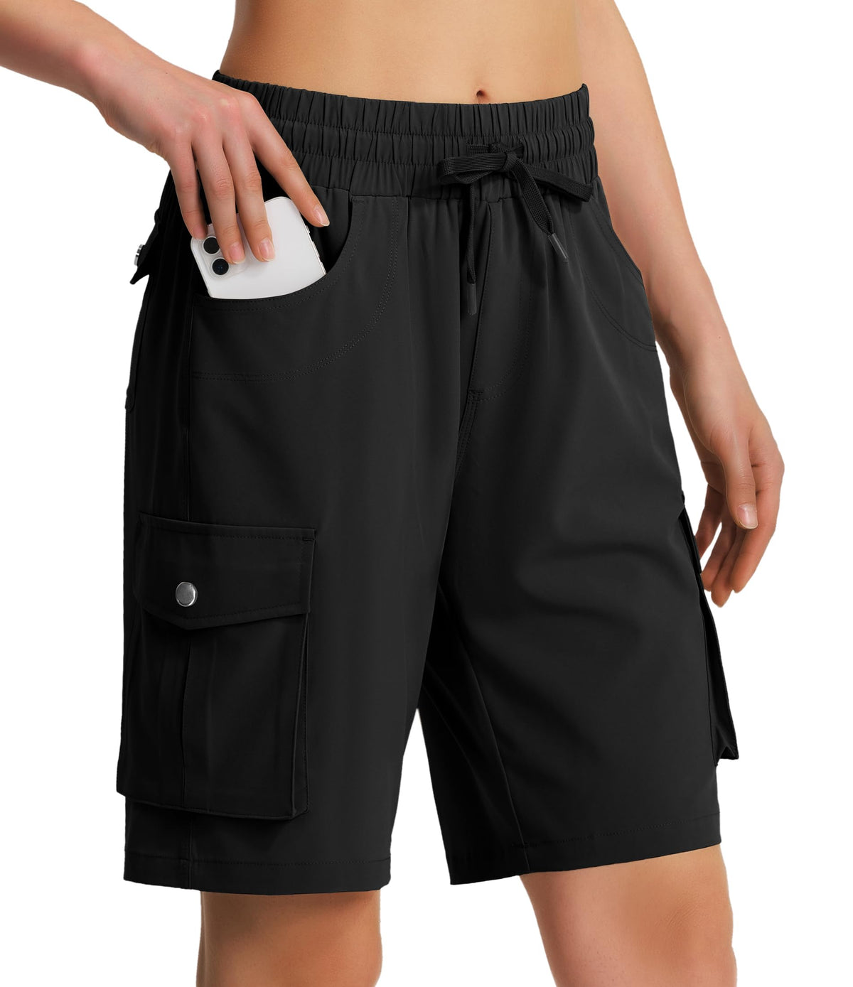 Hugut front view of black hiking cargo shorts showing fit and length benefit