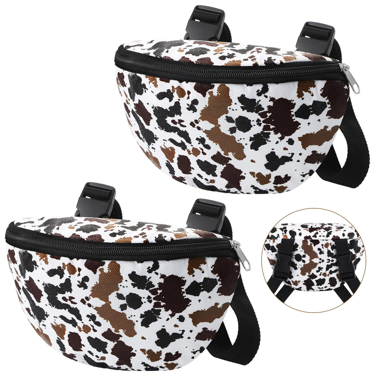 Huhumy saddle pouch front view showing cow print and compact storage benefit