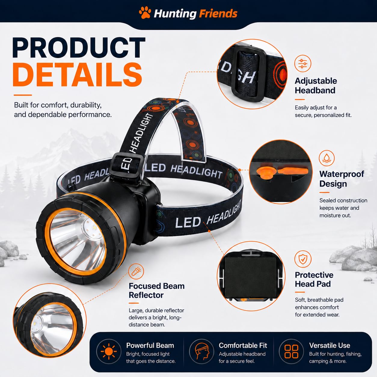 Hunting friends adjustable headband detail showing padded fit and comfort benefit