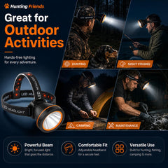 Hunting friends lamp in use during night hunting demonstrating hands-free visibility benefit