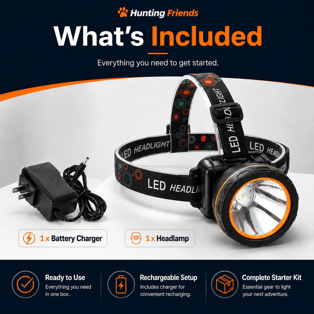 Hunting friends packaged box and accessories showing included charger and band benefit