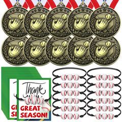 Huquary front view of 12-piece baseball award kit showing medals and ribbons, great for team recognition