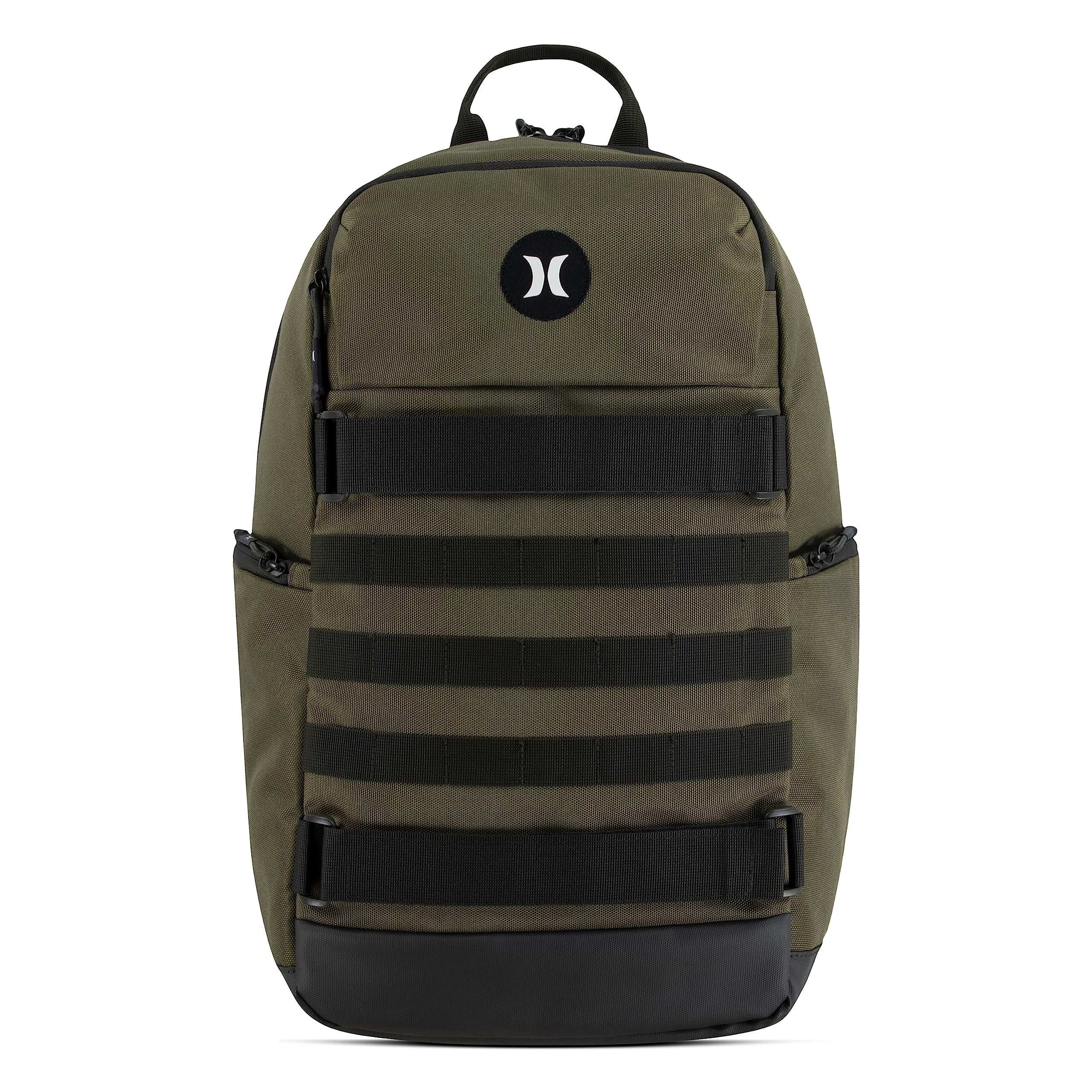 Hurley front view showing pockets and skateboard straps for versatile carry