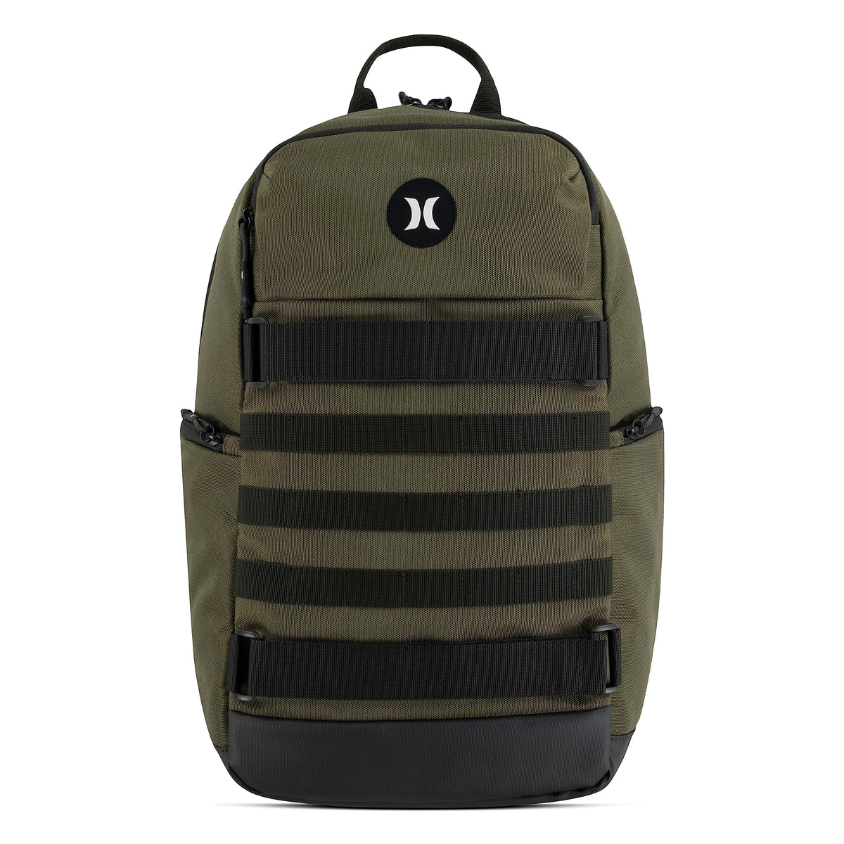 Hurley front view showing pockets and skateboard straps for versatile carry