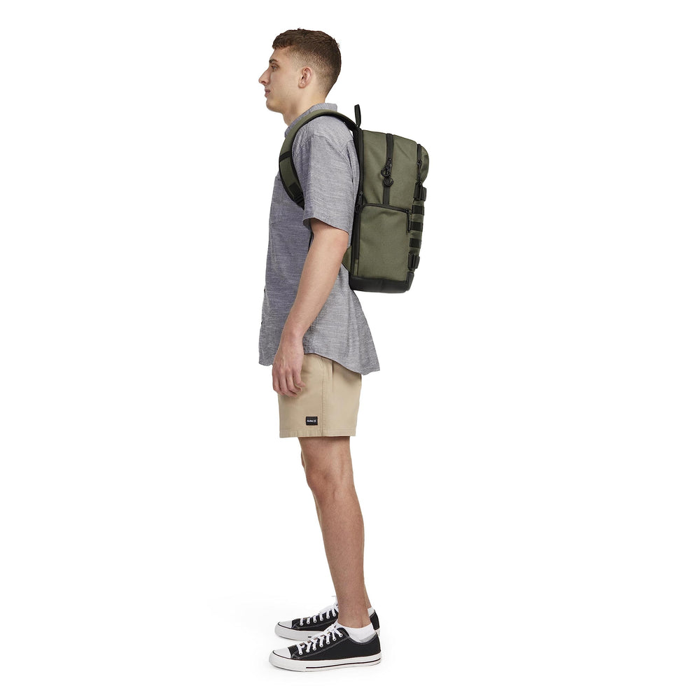 Hurley next to skateboard showing size and capacity for gear