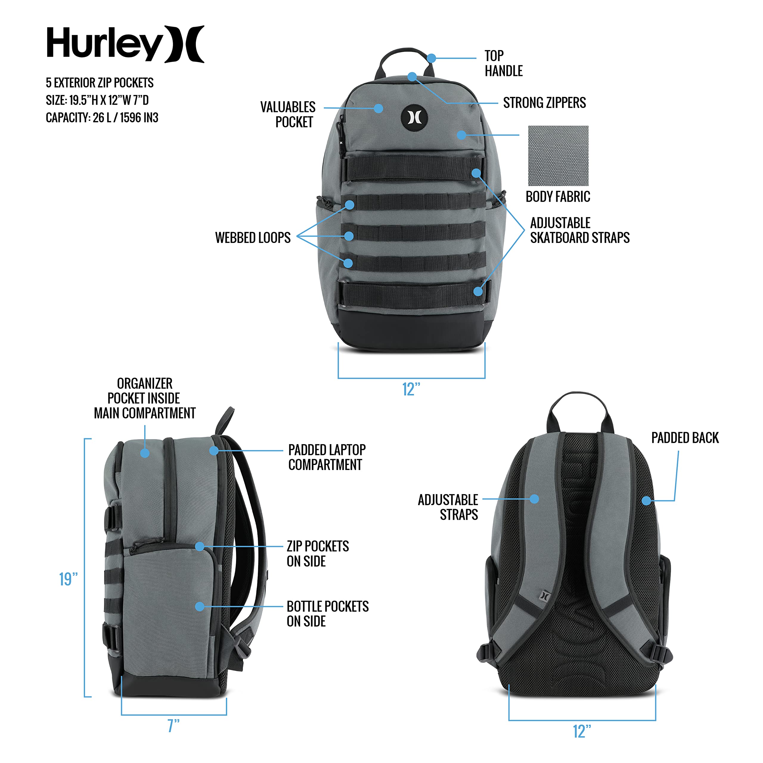 Hurley padded shoulder straps and top handle for comfortable carry