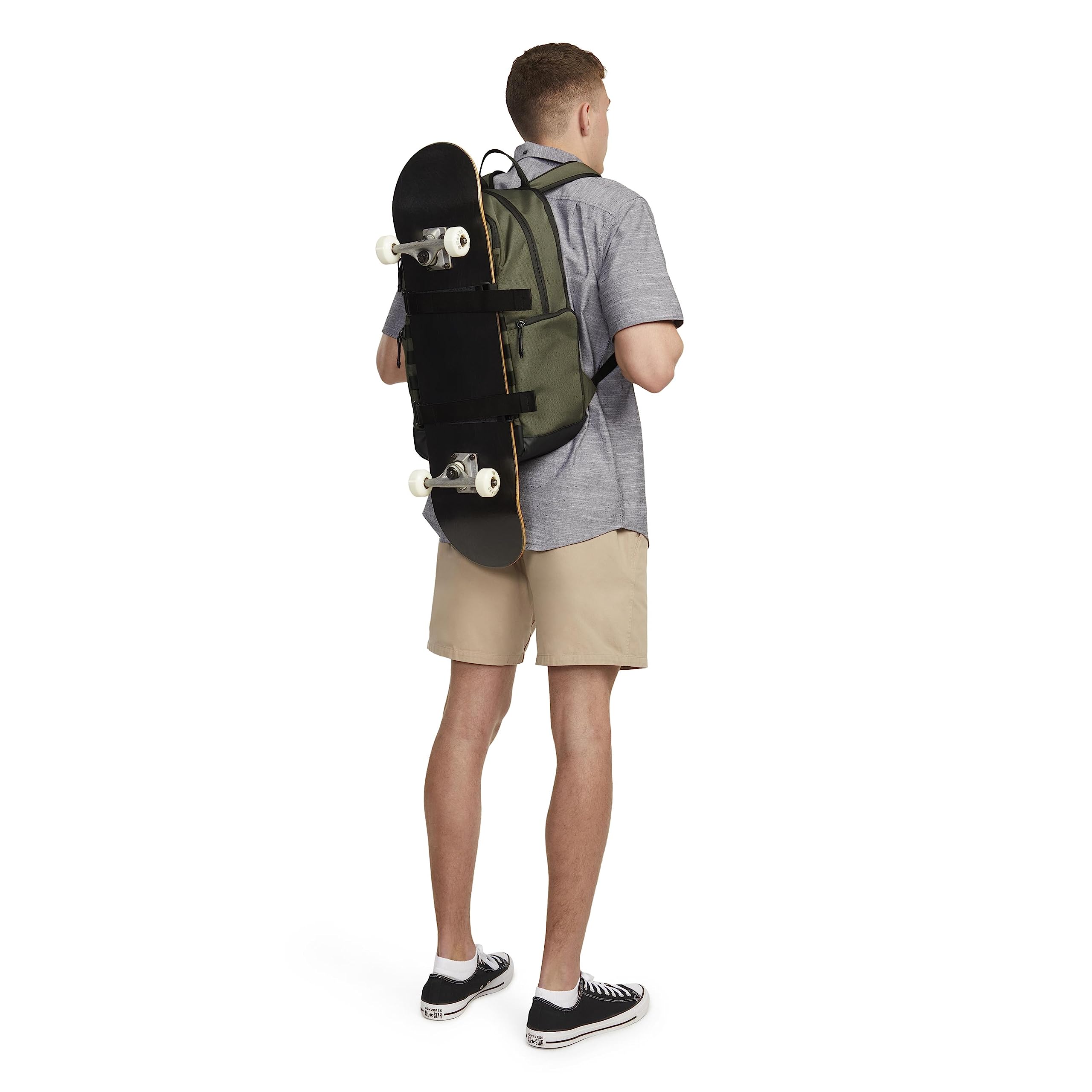 Hurley skateboard strapped to front demonstrating hands-free transport