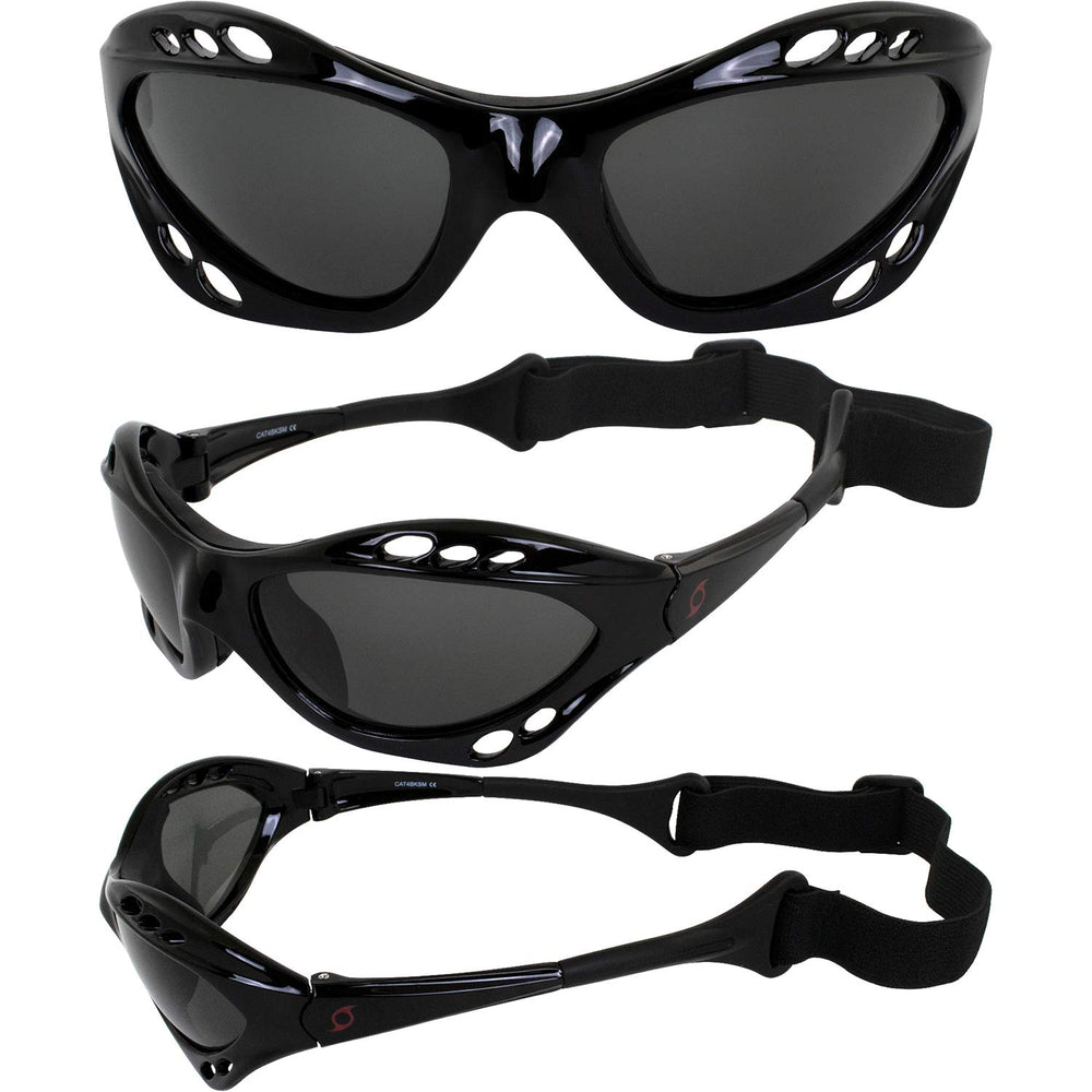 Hurricane Eyewear worn on a jet ski demonstrating stable fit and clear vision while riding