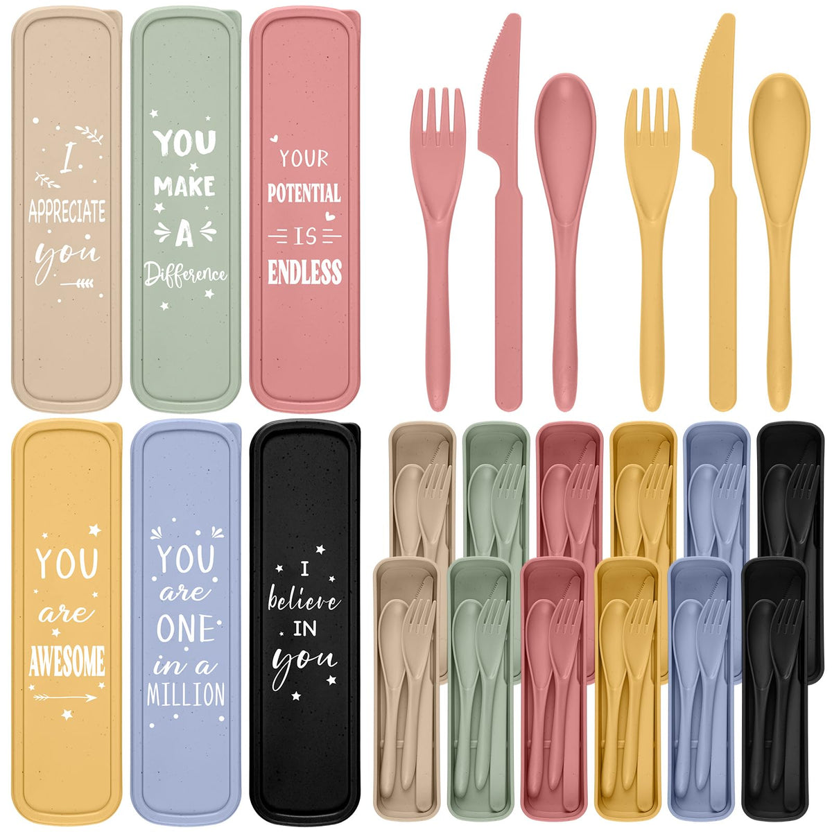 Hushee front packaging showing 12-pack colorful cases and utensils, convenient gift