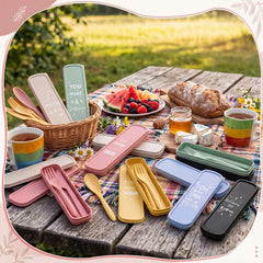 Hushee open case with spoon fork and knife neatly nested, keeps cutlery tidy