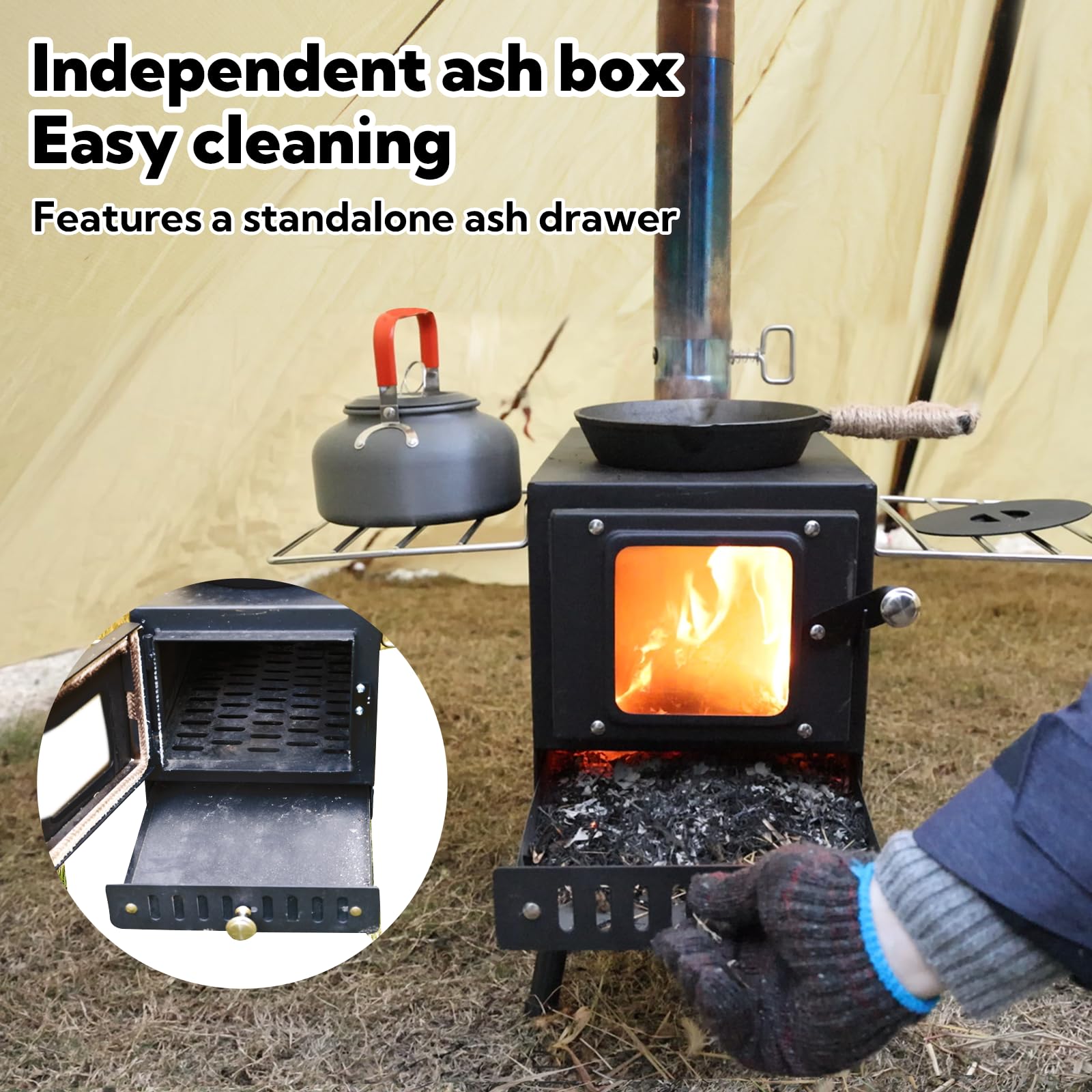 Huskfirm close-up of ash tray and oven door for easy cleaning and cooking control