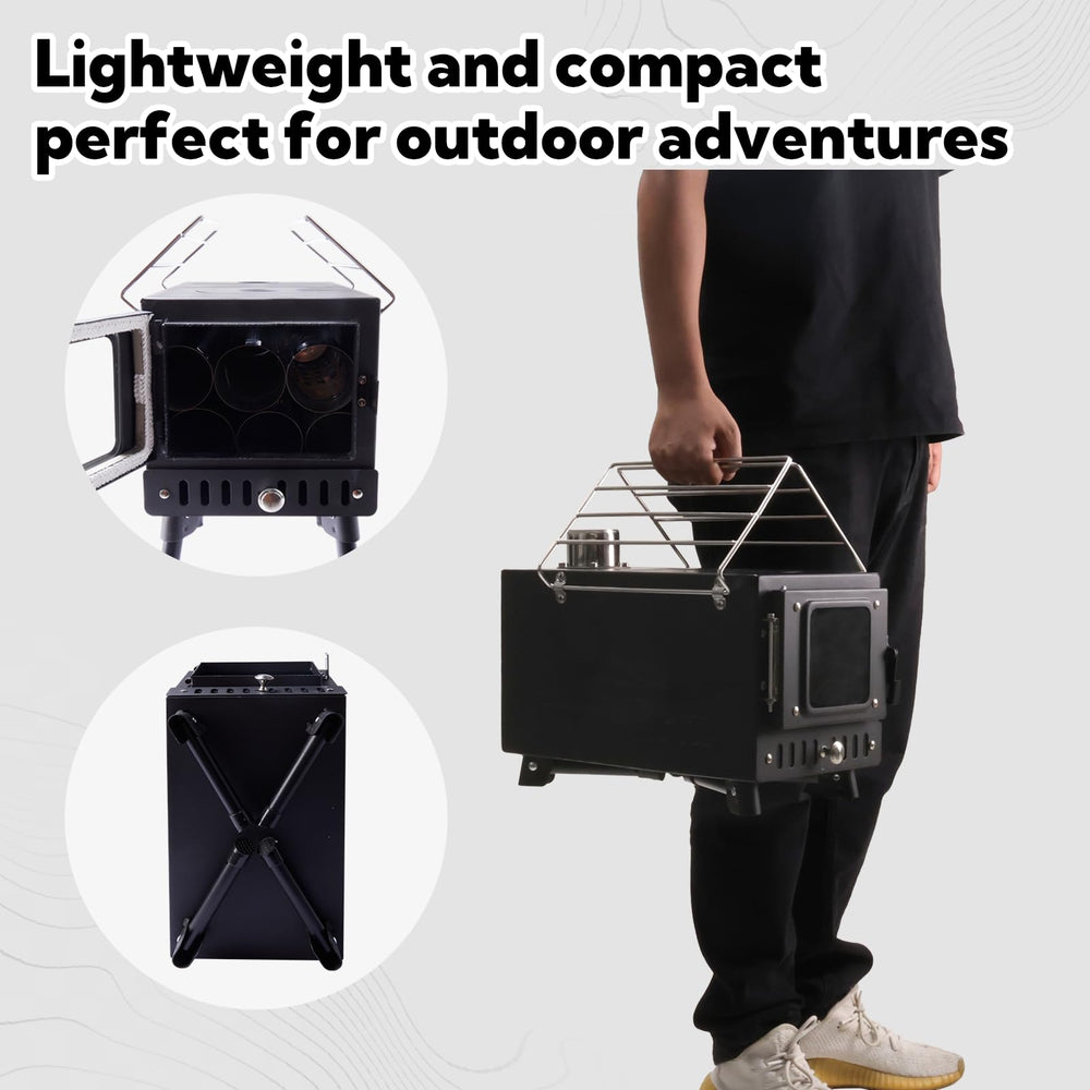Huskfirm stove placed inside canvas tent demonstrating warmth and compact footprint