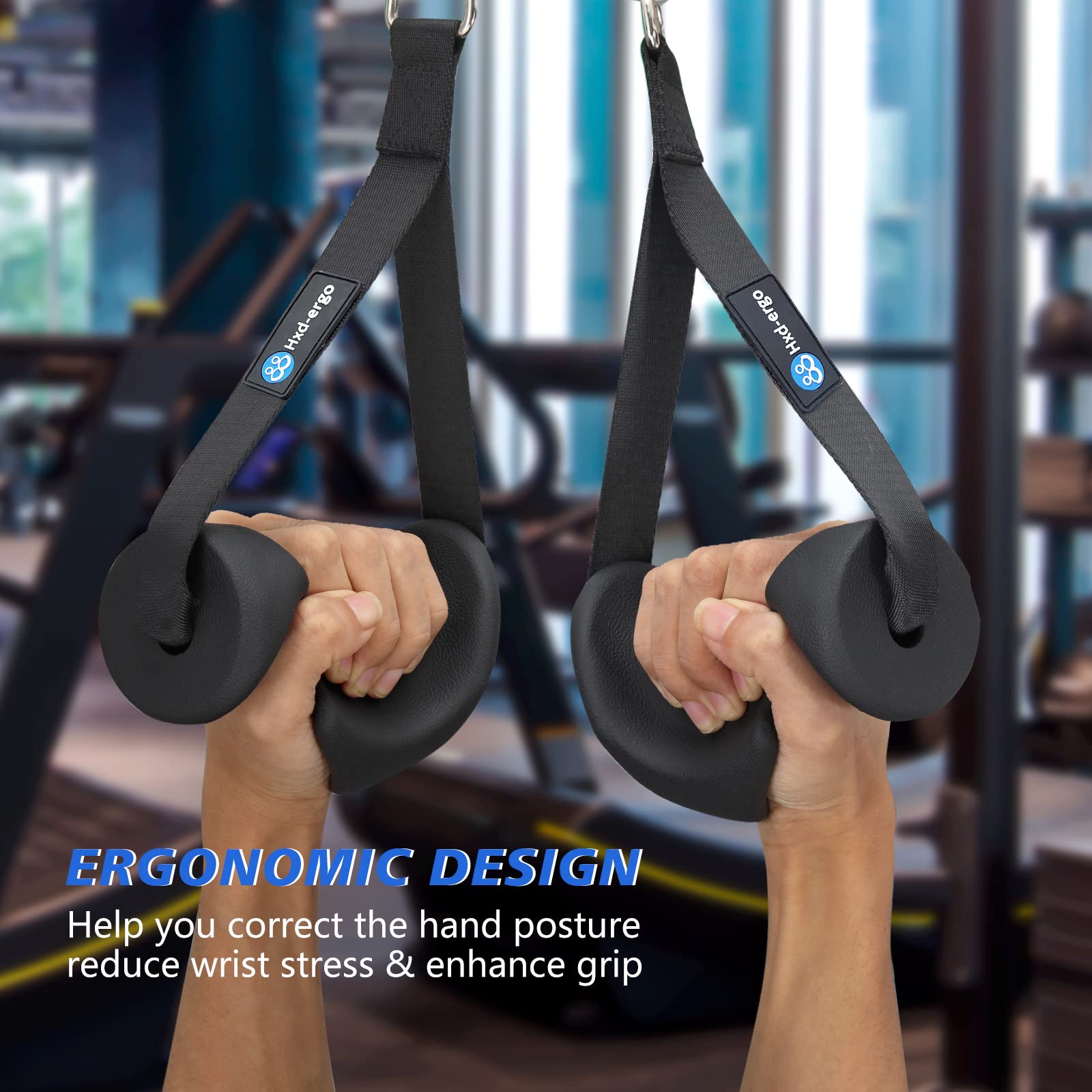 HXD-ERGO in use on lat pulldown showing stable grip and improved form