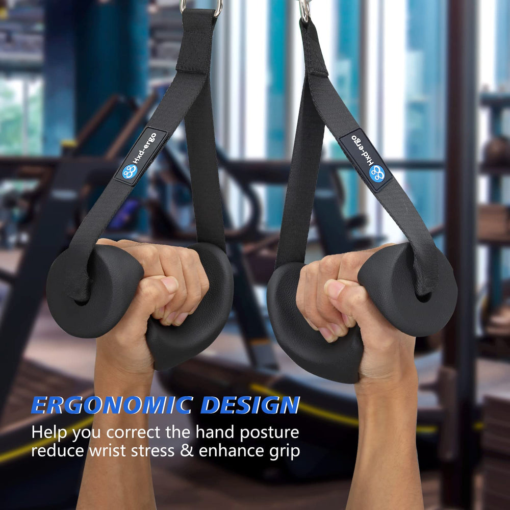 HXD-ERGO in use on lat pulldown showing stable grip and improved form