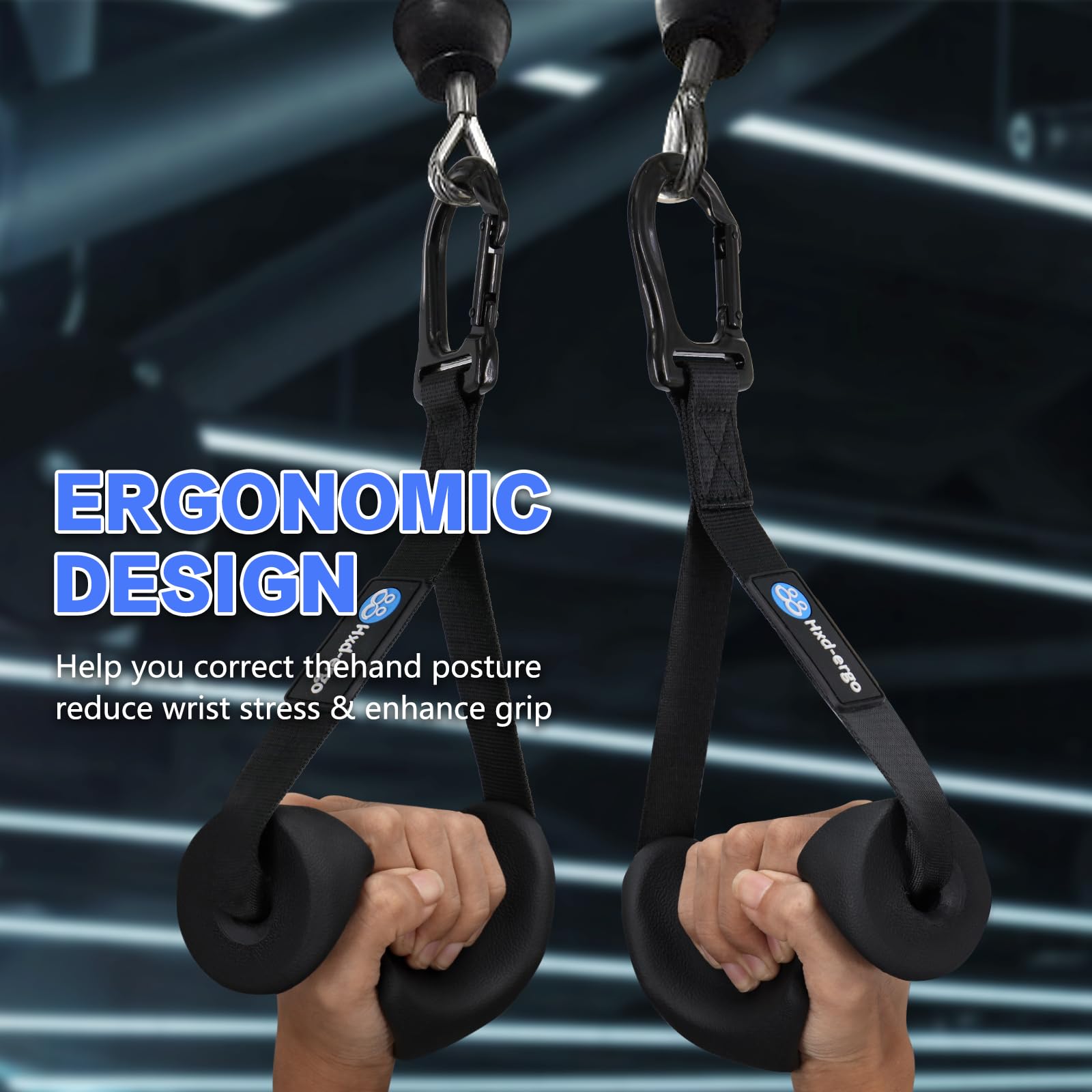 HXD-ERGO handles in use on lat pulldown machine demonstrating control