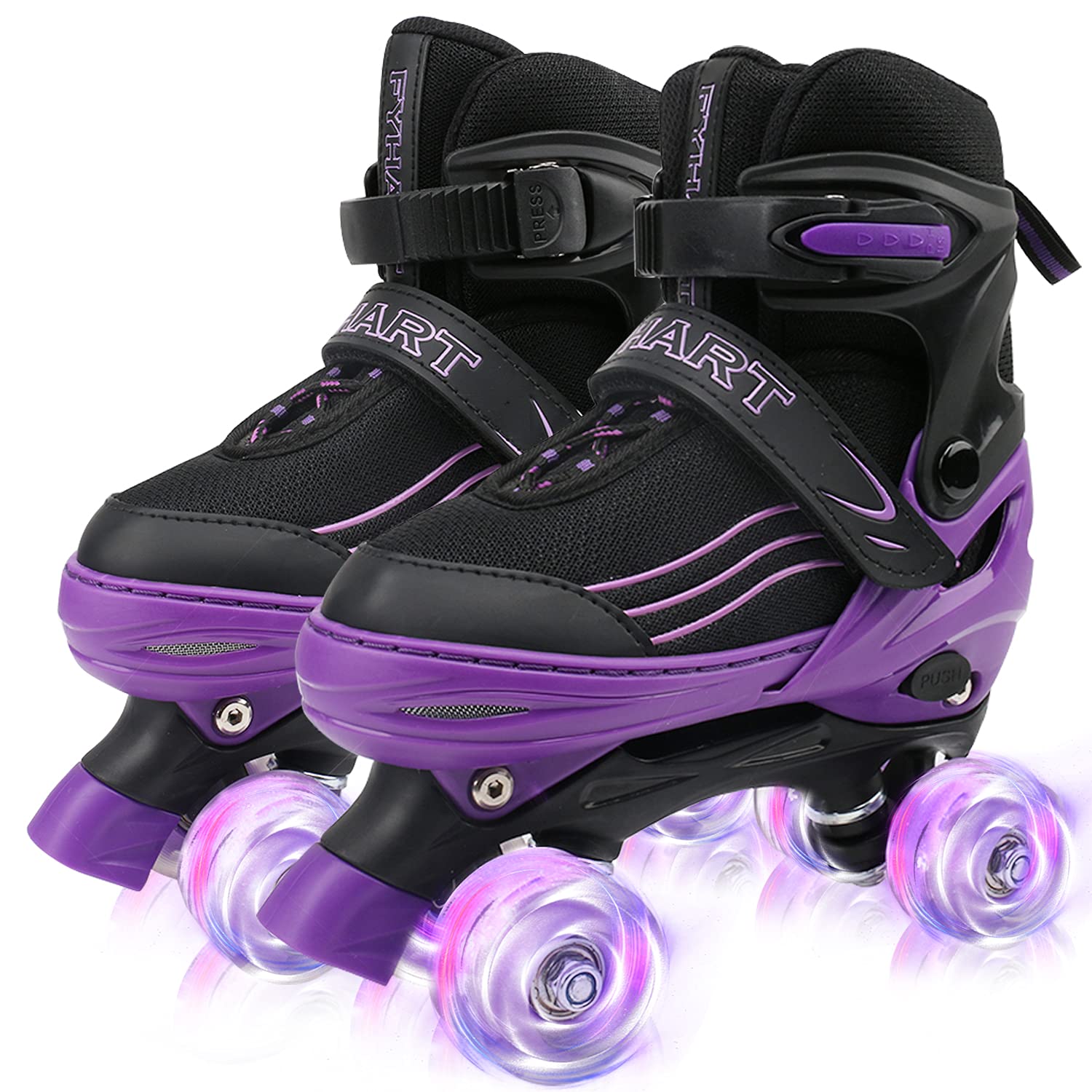HXWY front view of black and purple skates showing overall design and fit benefit
