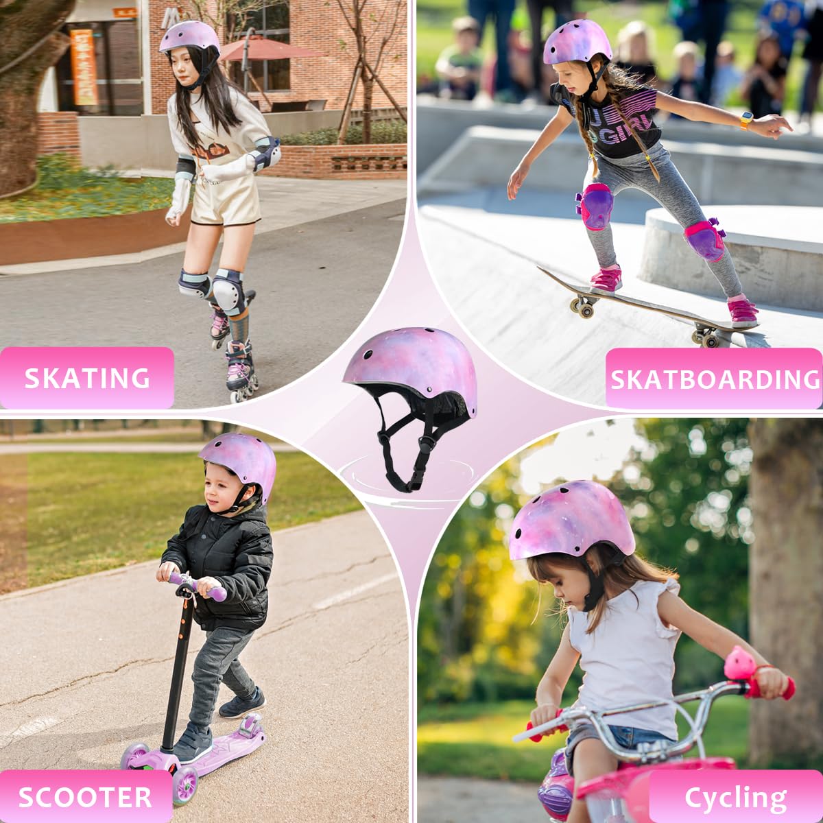 HXWY starry pink child wearing helmet while riding scooter illustrating comfortable fit and protection