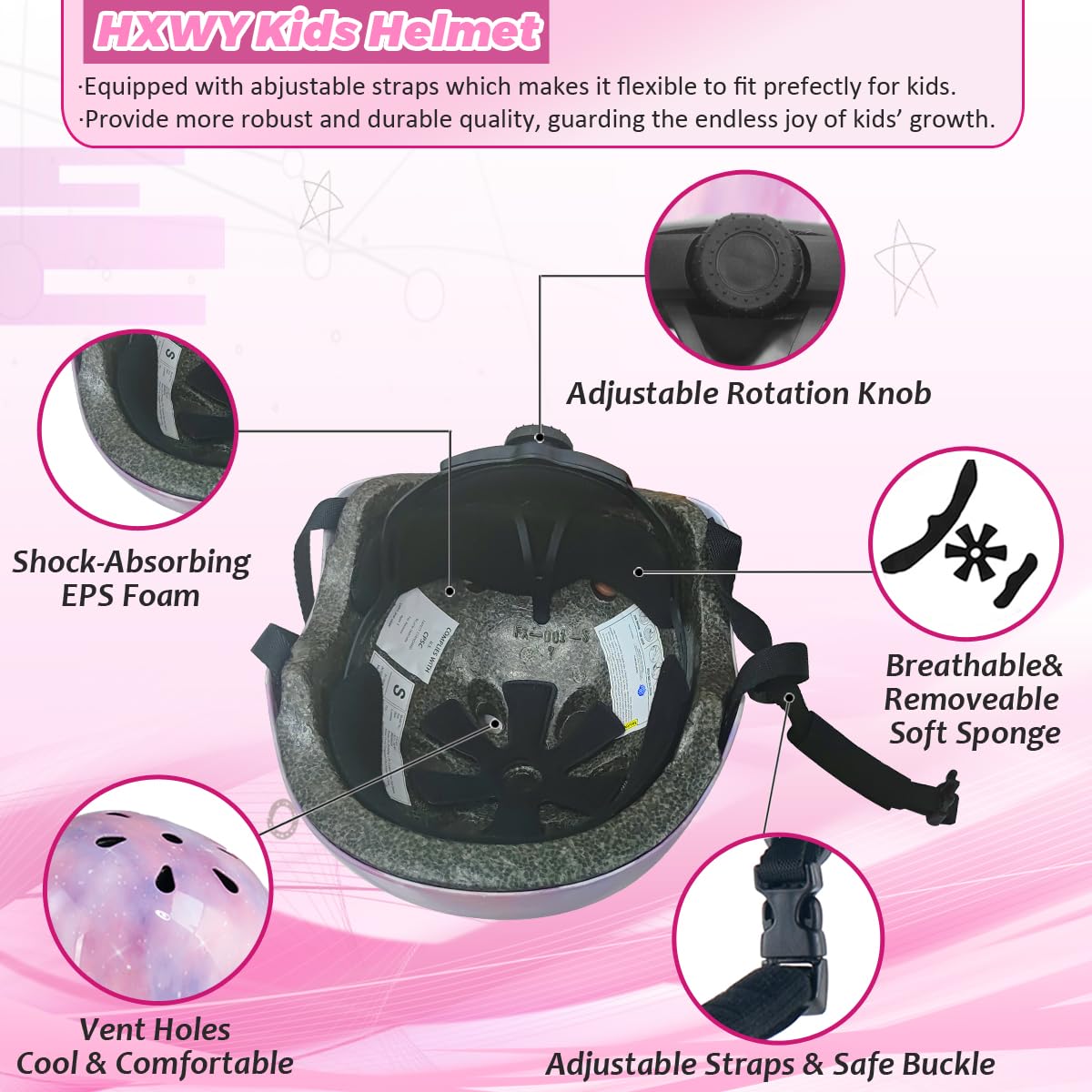 HXWY starry pink side profile highlighting smooth ABS shell and star pattern for visibility