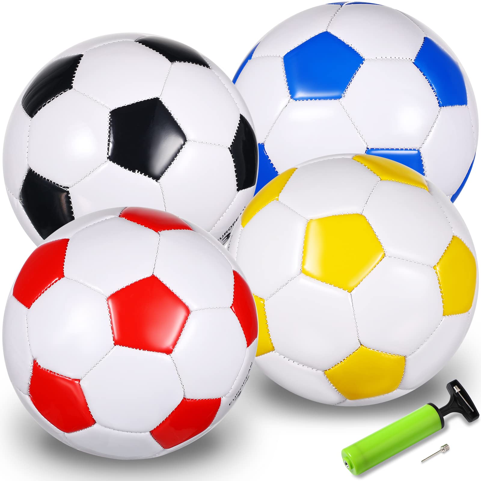 HyDren four pack front view showing bright mini soccer balls and pump for quick play