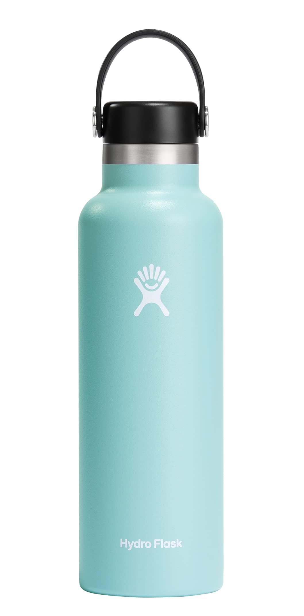 Hydro Flask 21 oz Dew front view showing slim insulated bottle and leakproof cap benefit