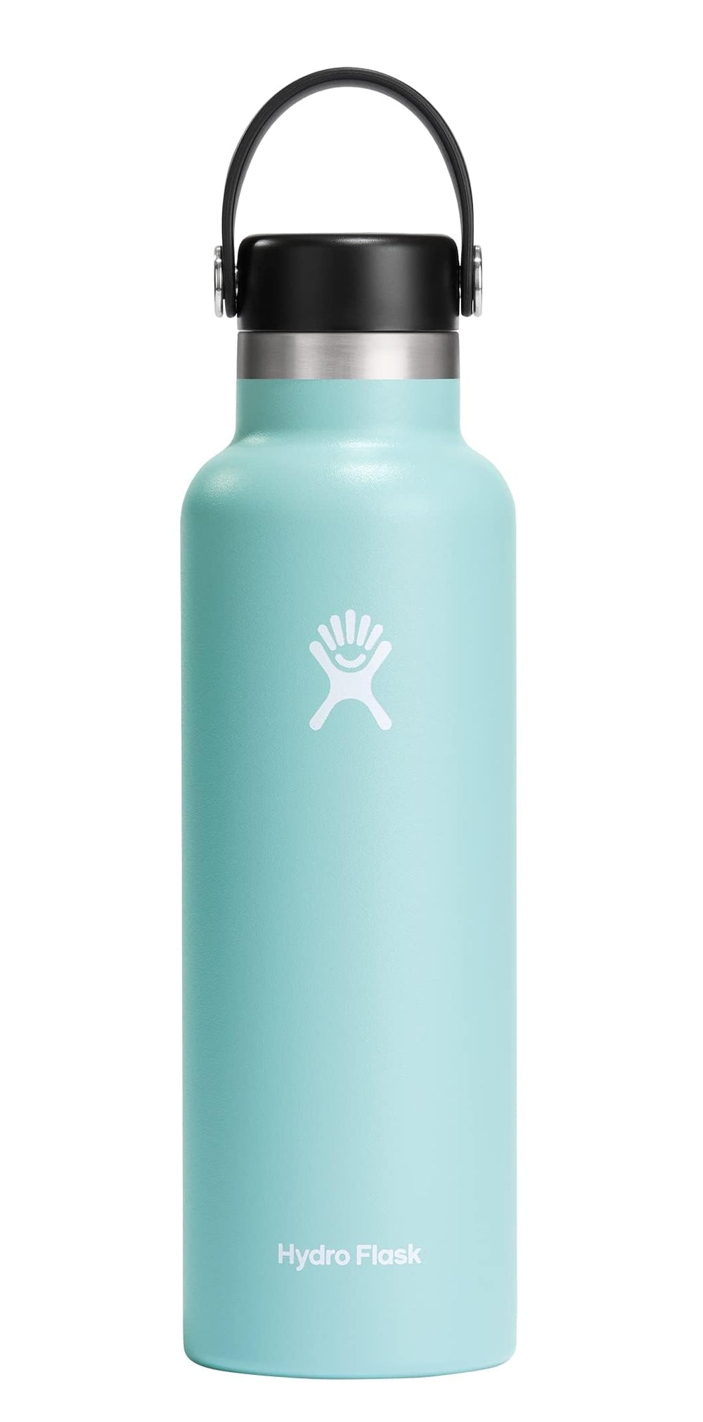 Hydro Flask 21 oz Dew front view showing slim insulated bottle and leakproof cap benefit