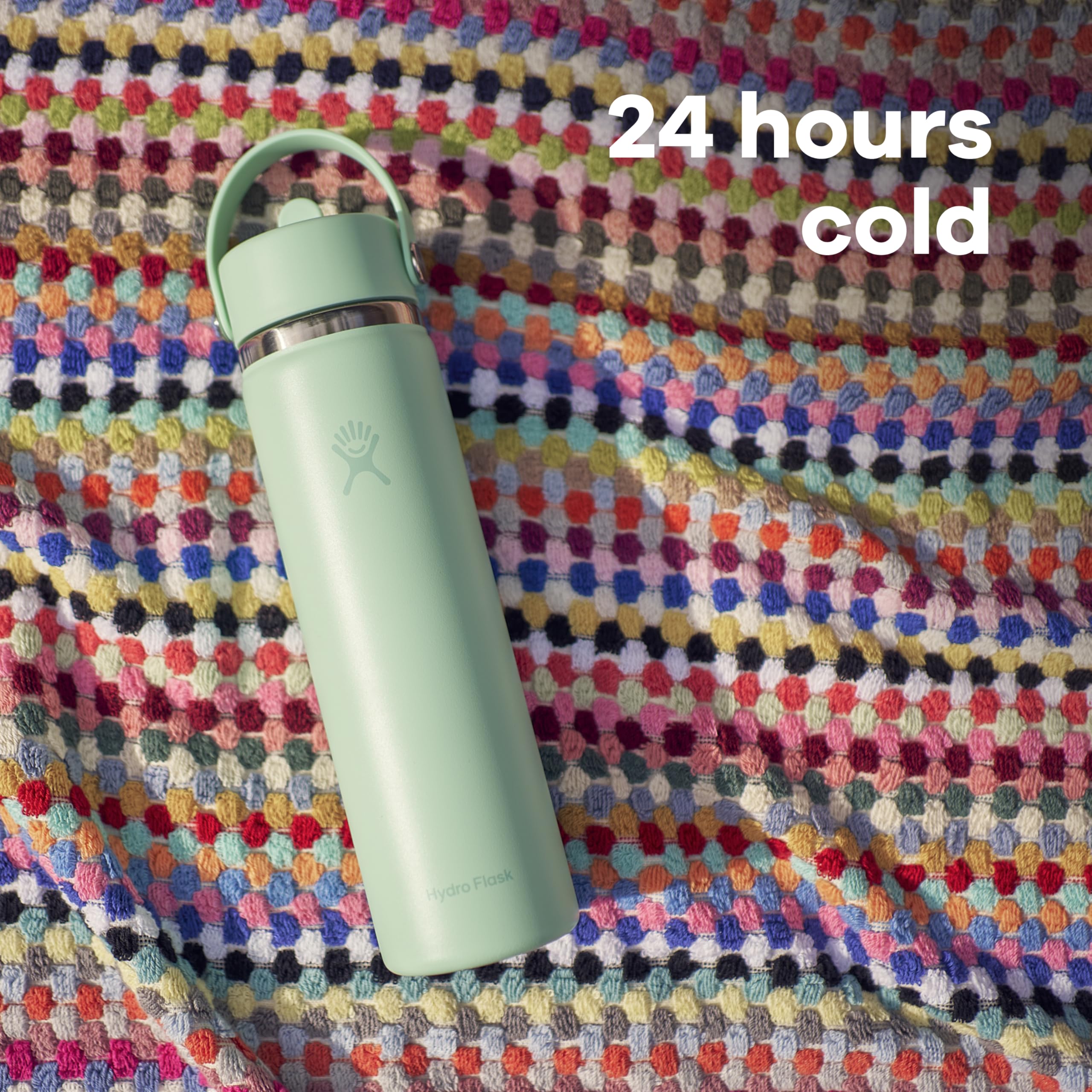Hydro Flask side profile with logo showing durable stainless-steel finish benefit