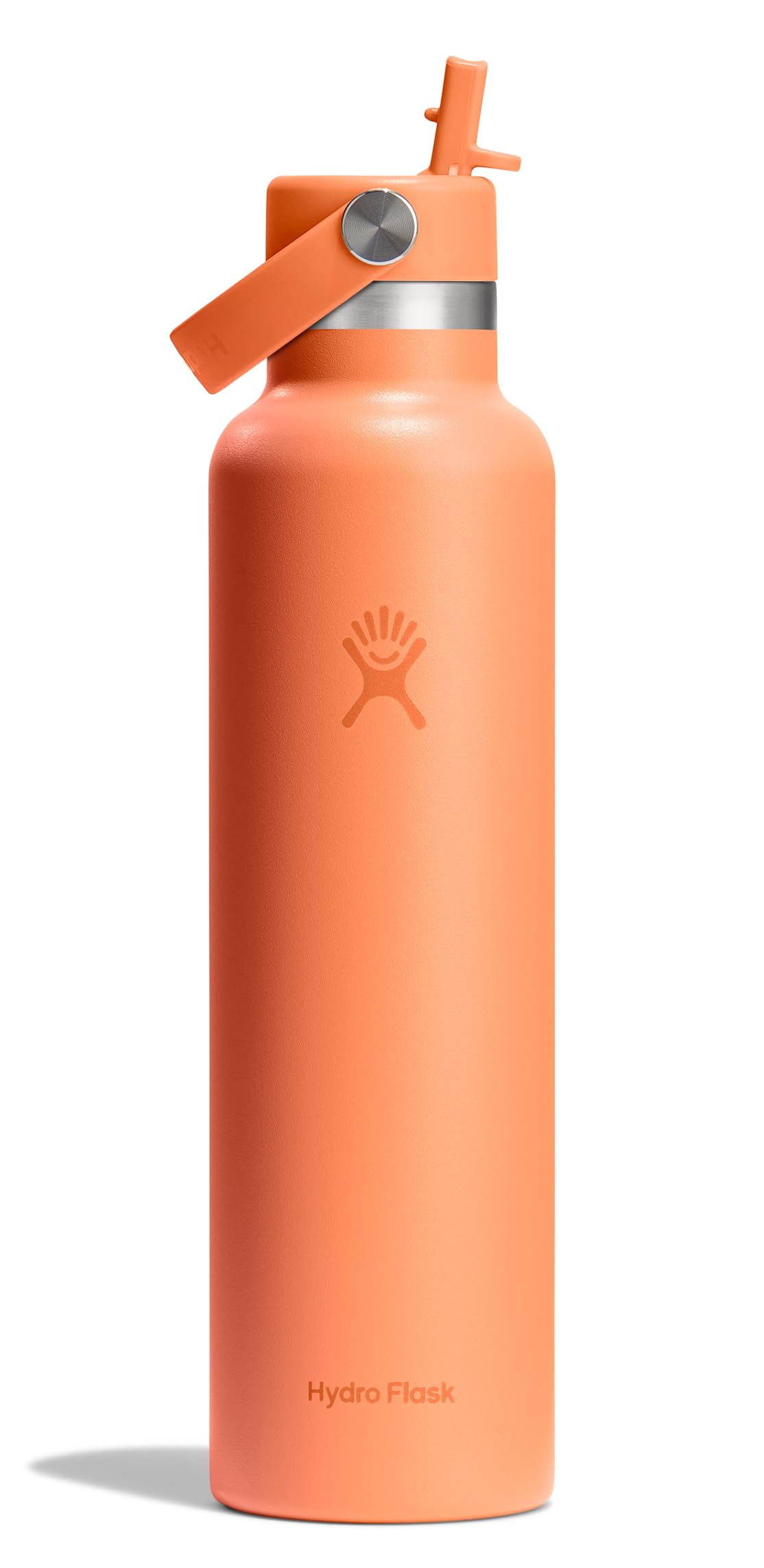 Hydro Flask front view showing nectar orange bottle and durable insulation benefit