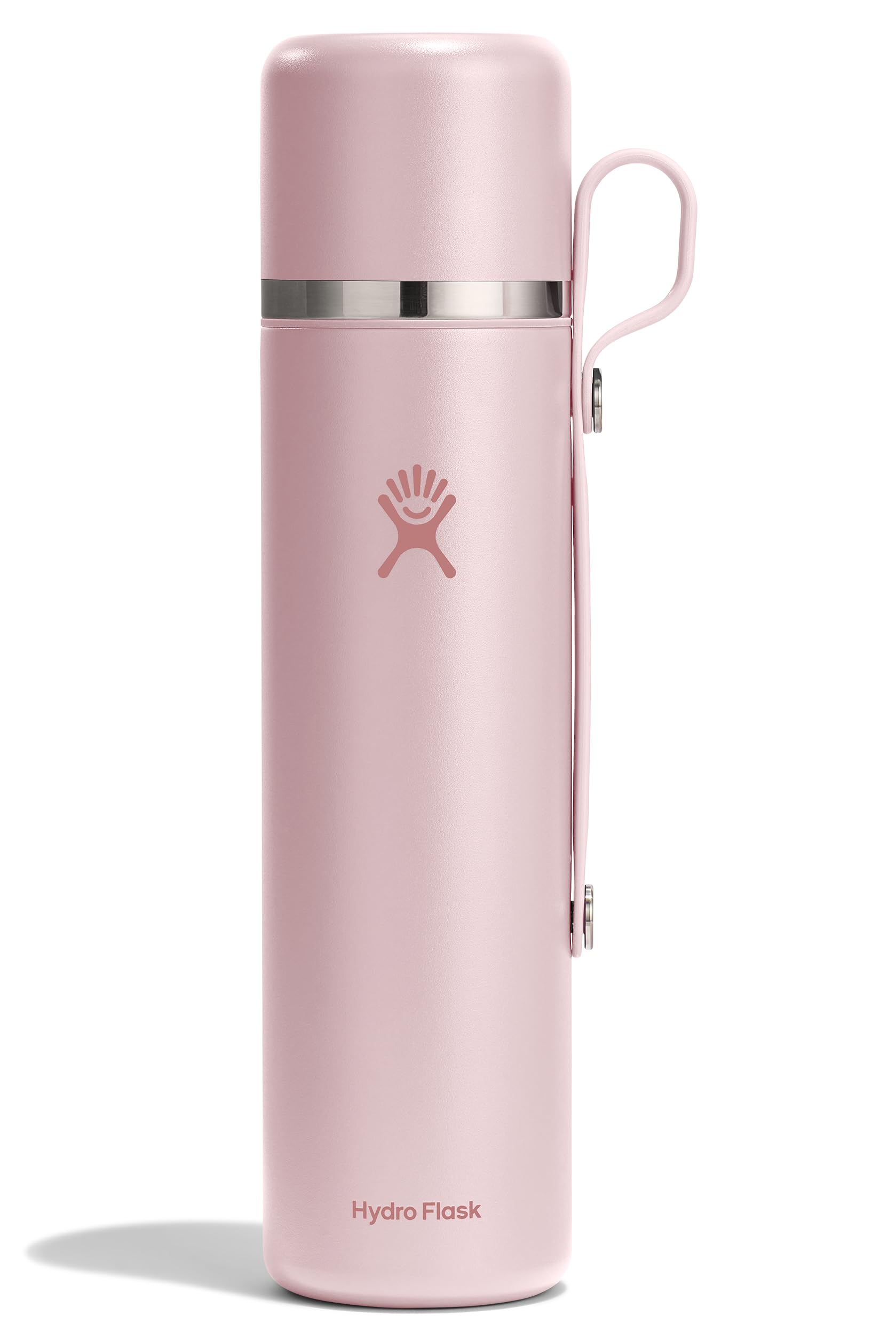 Hydro Flask front view showing Trillium Pink bottle and cup benefits portability