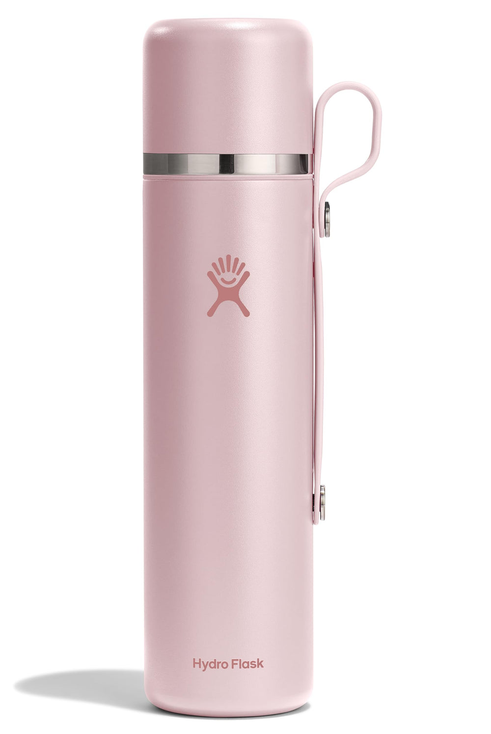 Hydro Flask front view showing Trillium Pink bottle and cup benefits portability