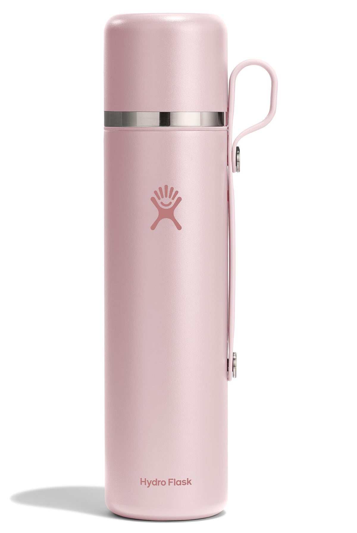 Hydro Flask front view showing Trillium Pink bottle and cup benefits portability