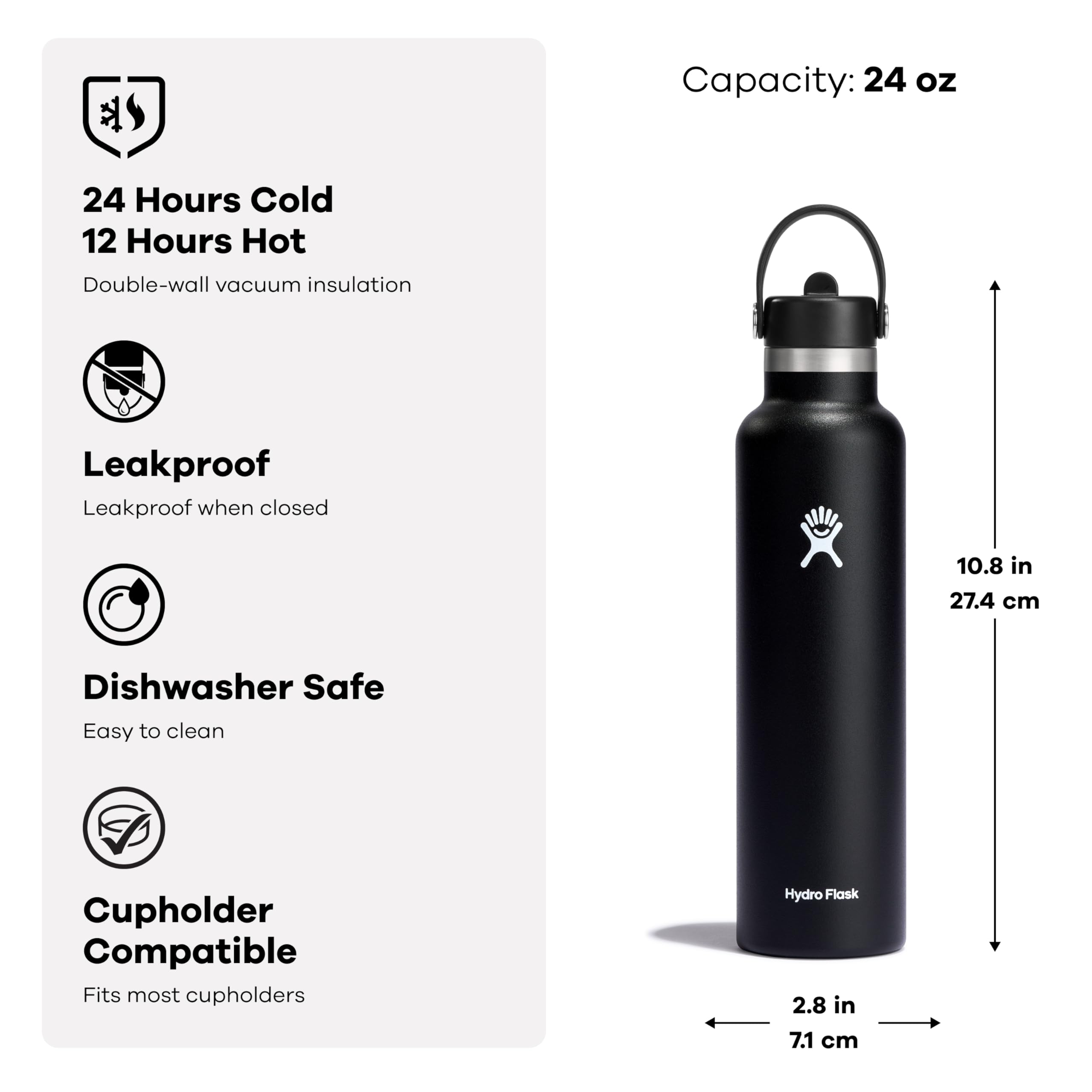 Hydro Flask label and cap details showing compatibility with wide mouth lids benefit