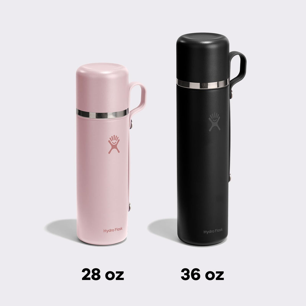 Hydro Flask beside backpack showing 36 oz capacity and travel-ready benefit